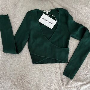 Signature8 Emerald Green Ribbed Wrap Crop Top - V-Neck Long Sleeve